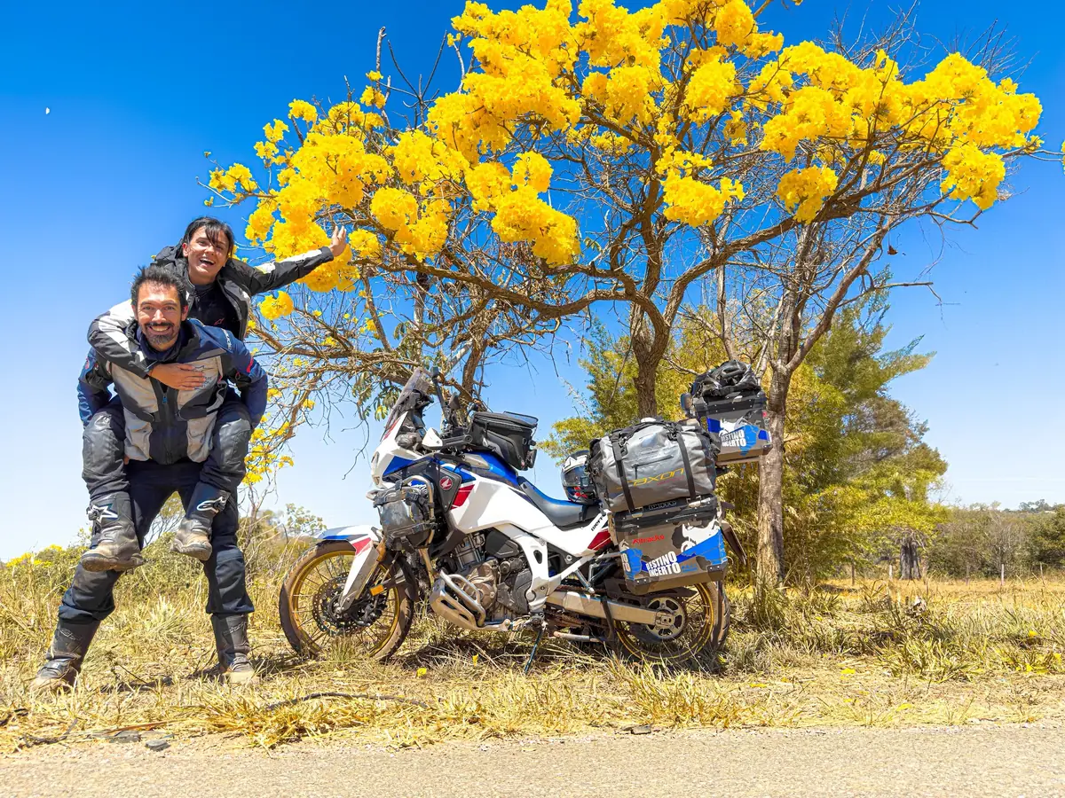 Ton e Nay abraçados e sorrindo ao lado da moto carregada, embaixo de um ipê amarelo